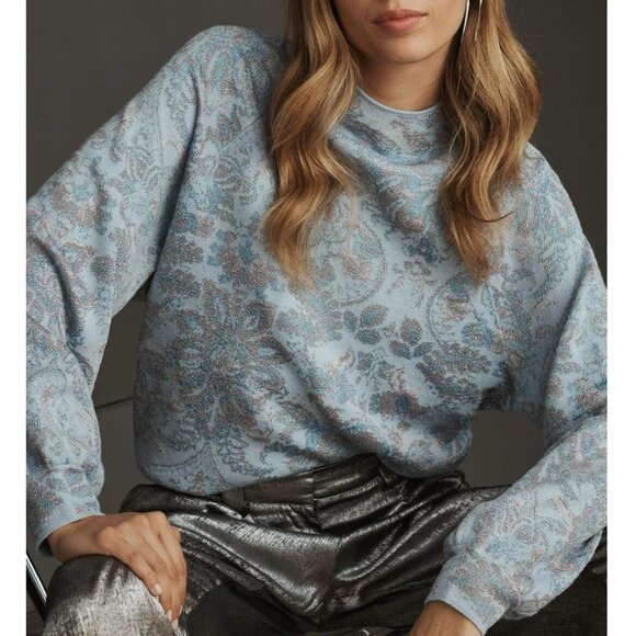 NWOT Anthropologie The Beatriz Mock-Neck Sweater: Lurex Edition Blue Small - Picture 1 of 9